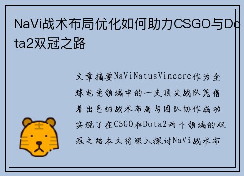 NaVi战术布局优化如何助力CSGO与Dota2双冠之路 NaVi战术布局优化如何助力CSGO与Dota2双冠之路